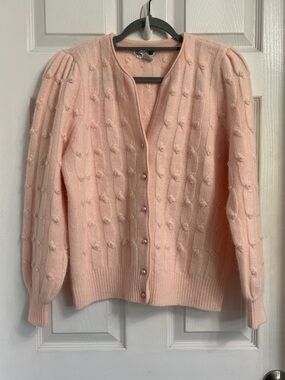 Adele Joyce Vintage Elegant Pink Knit Button-Front Cardigan Medium Beaded